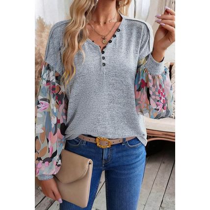 Gray Floral Lantern Sleeve Patchwork Buttoned V Neck Top