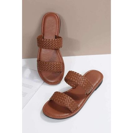 Chestnut Braided Double Band Leathered Flat Slippers