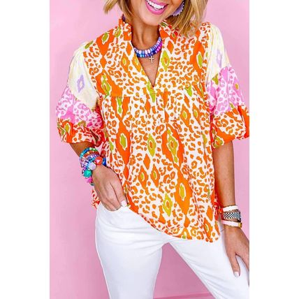Orange Leopard Colorblock Puff Sleeve Split Neck Blouse
