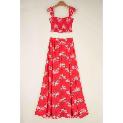 Red Floral Shirred Off Shoulder Crop Top and Slit Maxi Skirt Set