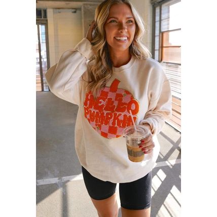 White Terry Halloween Pumpkin Patched Pattern Pullover Sweatshirt