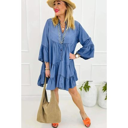 Sky Blue Chambray Ruffled 3/4 Sleeve Tiered Split V Neck Mini Dress
