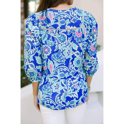Blue Mix Floral Printed Lace Detail Bracelet Sleeve Blouse