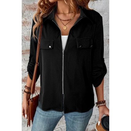 Black Collar Tab Sleeve Zip Up Flap Detail Jacket