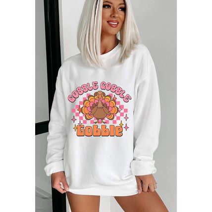 White Gobble Gobble Turkey Graphic Crewneck Thanksgiving Sweatshirt