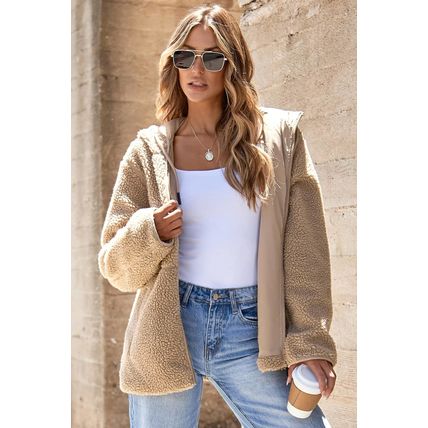 Pale Khaki Fleece Zip Up Drawstring Hooded Pocketed Jacket