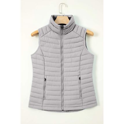 Silvery Plush Collared Quilted Zipped Puffer Vest