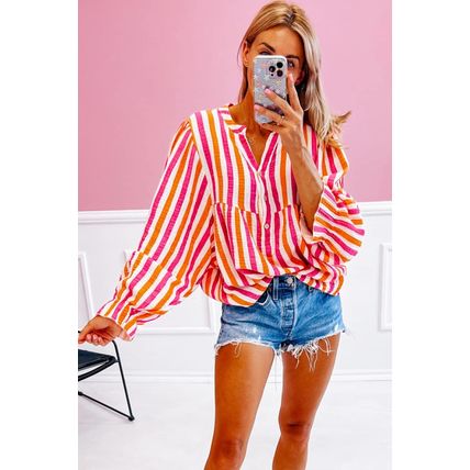Orange Stripe Balloon Sleeve Notched V Neck Buttoned Front Blouse