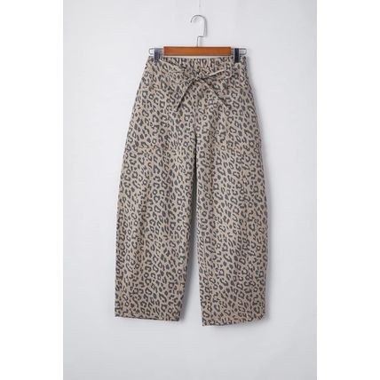 Khaki Leopard Printed Drawstring Waist Pocketed Wide Leg Jeans