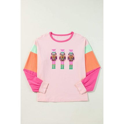 Pink Christmas Sequin Nutcracker Graphic Colorblock Long Sleeve Top