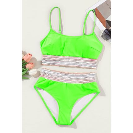 Green Striped Patchwork Spaghetti Strap High Waist Bikini Swimsuit