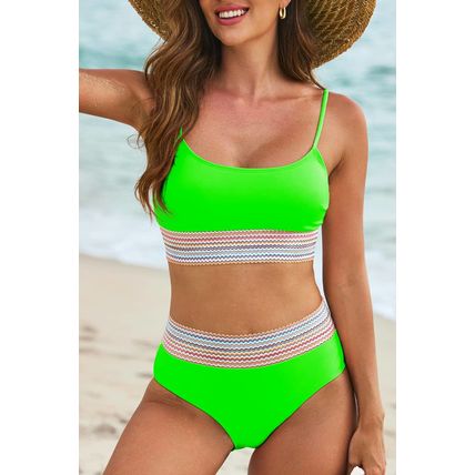 Green Striped Patchwork Spaghetti Strap High Waist Bikini Swimsuit