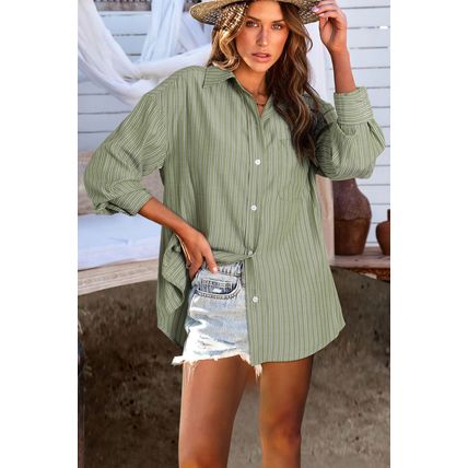 Green Stripe Button Up Oversized Casual Shirt