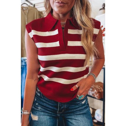 Red Stripe Collared Split Neck Sweater Vest