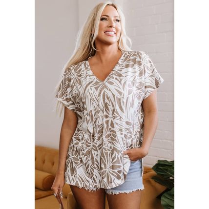 Khaki Floral Print V Neck Short Sleeve Loose Fit Blouse