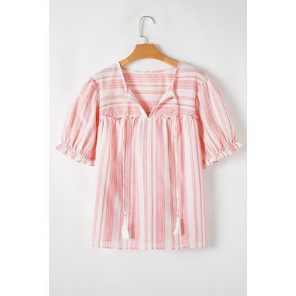 Pink Stripe Plus Size Tassel Tie Frilled Detail Short Sleeve Blouse