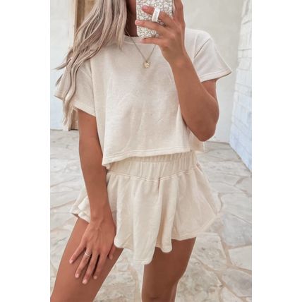 Beige 2pcs Cropped Tee and Ruffle High Waist Skort Set