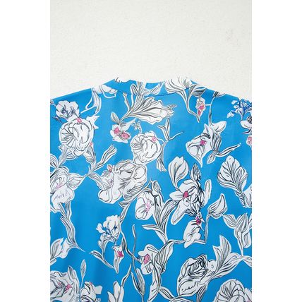 Sky Blue V Neck Floral Print 3/4 Puff Sleeve Blouse