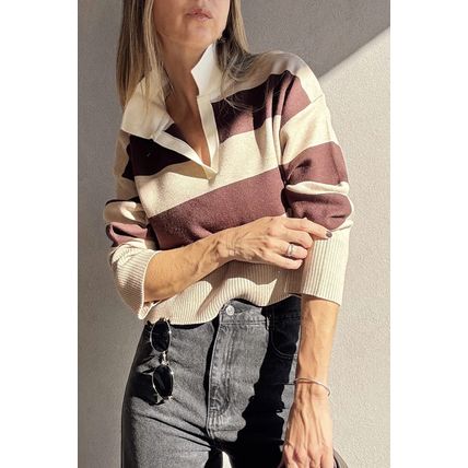 Brown Ribbed Trim Color Block Knitted Polo Collar Sweater