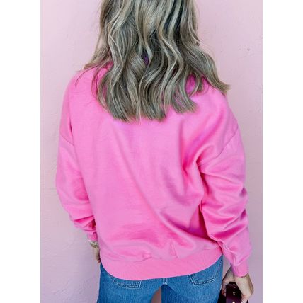 Bright Pink Half Button Stand Neck Drop Shoulder Sweatshirt