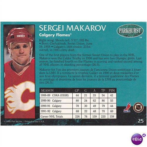 Parkhurst Pro Set Inc NHL Ice Hockey 1993 Sergei Makarov Calgary Flames No. 25