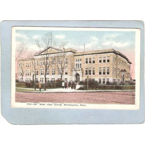MN Minneapolis Postcard West High School Street Scene Intersection w/Troll~243