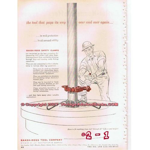 BAASH-ROSS TOOL COMPANY 1955 safety clamps oil drilling vintage ad