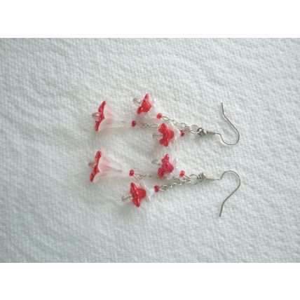 Handmade White & Red, Flower Bead 3-Drop Earrings. SP Hook Ear-Wires.