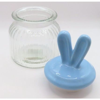 Blue Bunny Jar Wabbit Ears Fluted Glass 19 CM Gift Home Decor Storage Kitchen