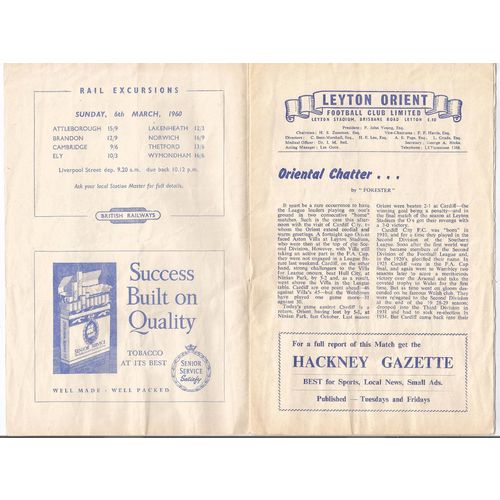 MATCH PROGRAMME 1959-60 LEYTON ORIENT v CARDIFF CITY (Fair - No Writing)