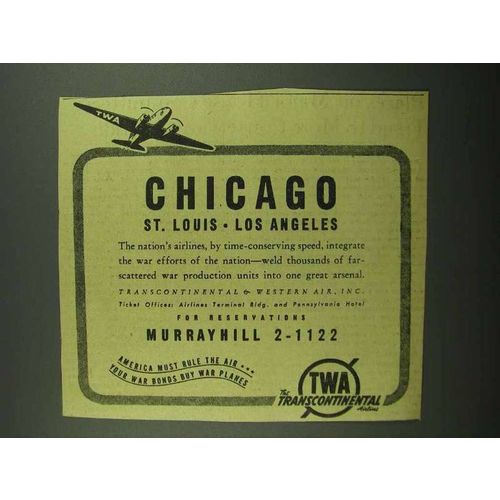 1942 TWA Airlines Ad - Chicago St. Louis Los Angeles