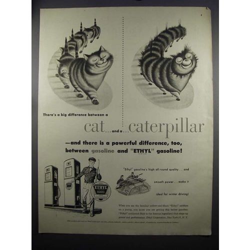 1952 Ethyl Gasoline Ad - Cat and a Caterpillar