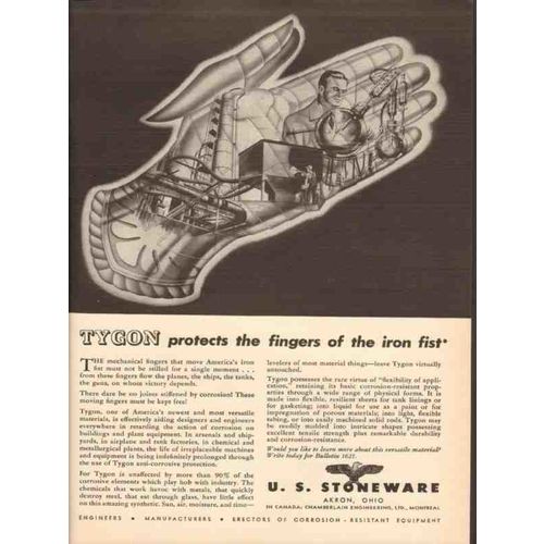 U S STONEWARE 1943 Tygon protect finger iron fist corrosion vintage ad
