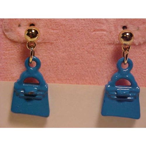 Purse Earrings Purse Charm Aqua Blue Earrings Gold Ball Stud Dangles 3/4"