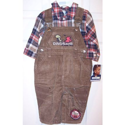 NWT Vitamins Kids Boy's Dinosaur Flannel Shirt + Corduroy Overalls Set, 6-9 Mos.