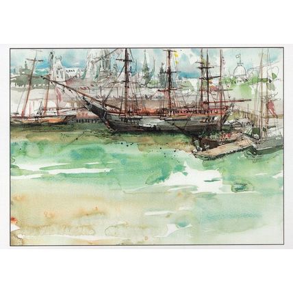 Ships at Old Port Harbour Montreal Canada Sketch Painting Postcard