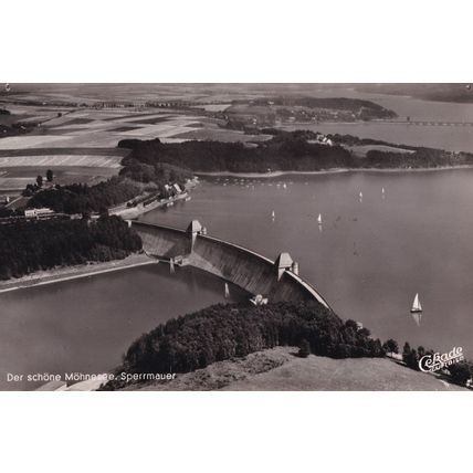 Sperrmauer Der Schone Mohnesee German Vintage Aerial Sailing Boats Postcard