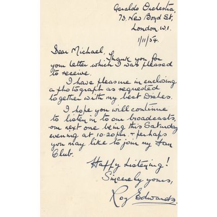 Roy Edwards Radio DJ Geraldo Orchestra Hand Signed Letter