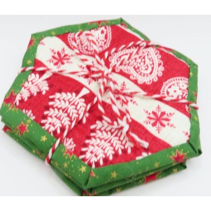 Christmas Coasters Fabric Handmade Hexagon Red & Green Gift Home Decor Christmas