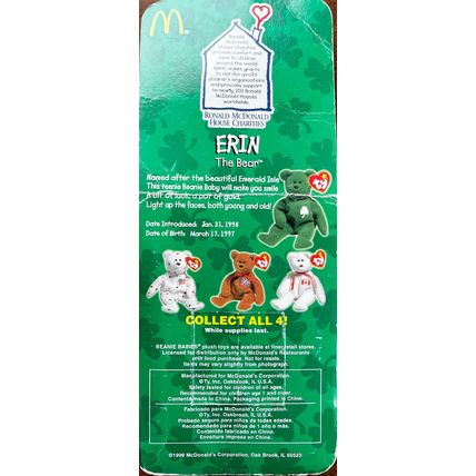 Erin The Bear 1999 Ronald McDonald House Charities Ty Beanie Baby New
