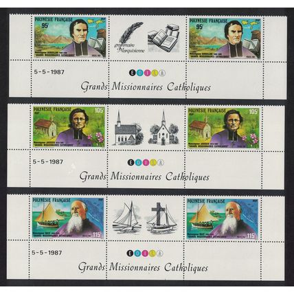 Fr. Polynesia Catholic Missionaries Ships Church 3v Gutter Strips 1987 MNH