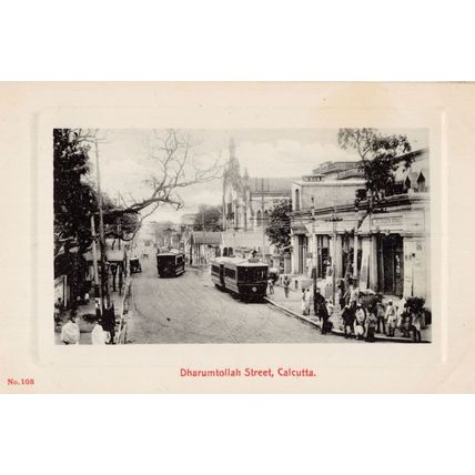 Bus Trams at Dharumtollah Street Calcutta India Transport Old Postcard