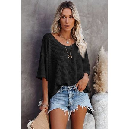 Black White Waffle Knit Drop Shoulder Loose Top