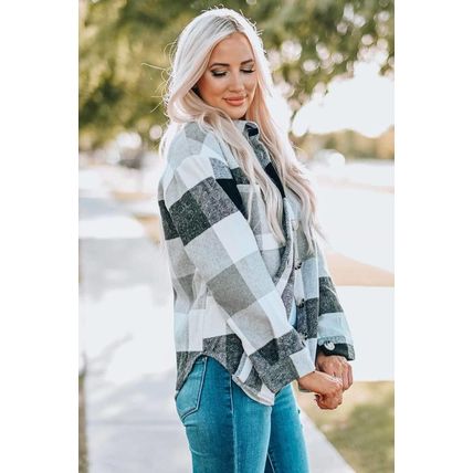 Gray Plaid Color Block Buttoned Long Sleeve Jacket with Pocket