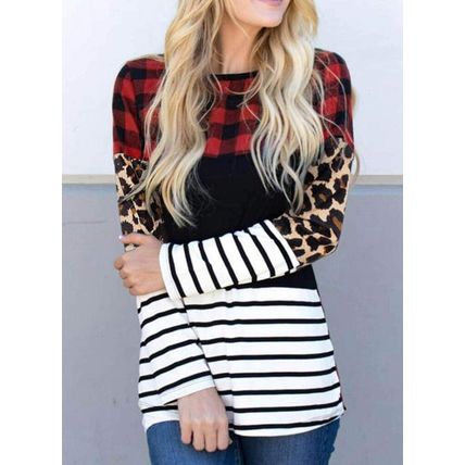 Plaid Print Leopard Splicing Striped Color Block Long Sleeve Top