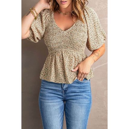 Floral Print Puff Sleeve Smocked Top