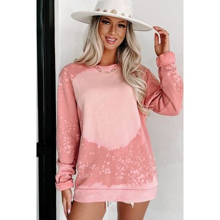 Pink Bleached Round Neck Pullover Sweatshirt
