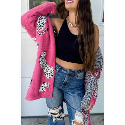 Rose Red Cheetah Pattern Open Front Knitted Cardigan