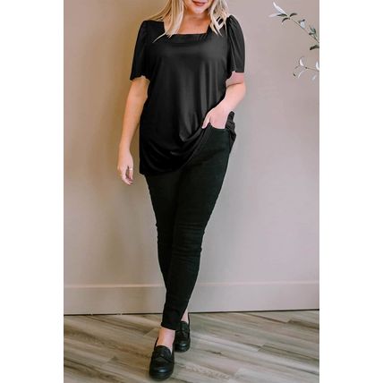 Black Plus Size Square Neck Ruched Shoulder Short Sleeve Top