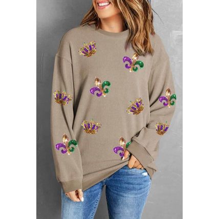 Khaki Mardi Gras Sequin Crown Fleur De Lis Corded Sweatshirt